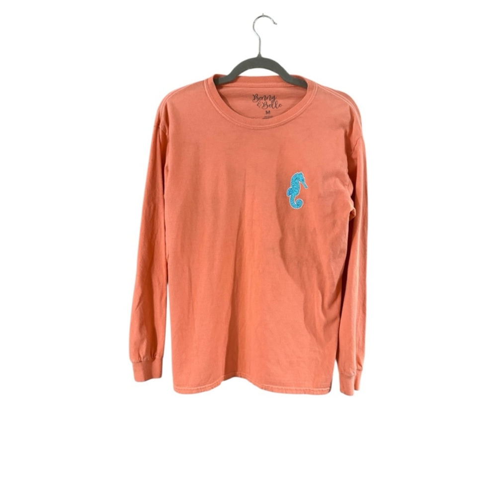 Women's Benny & Belle Long Sleeve Tee M Orange Blue Seahorse - Picture 2 of 8
